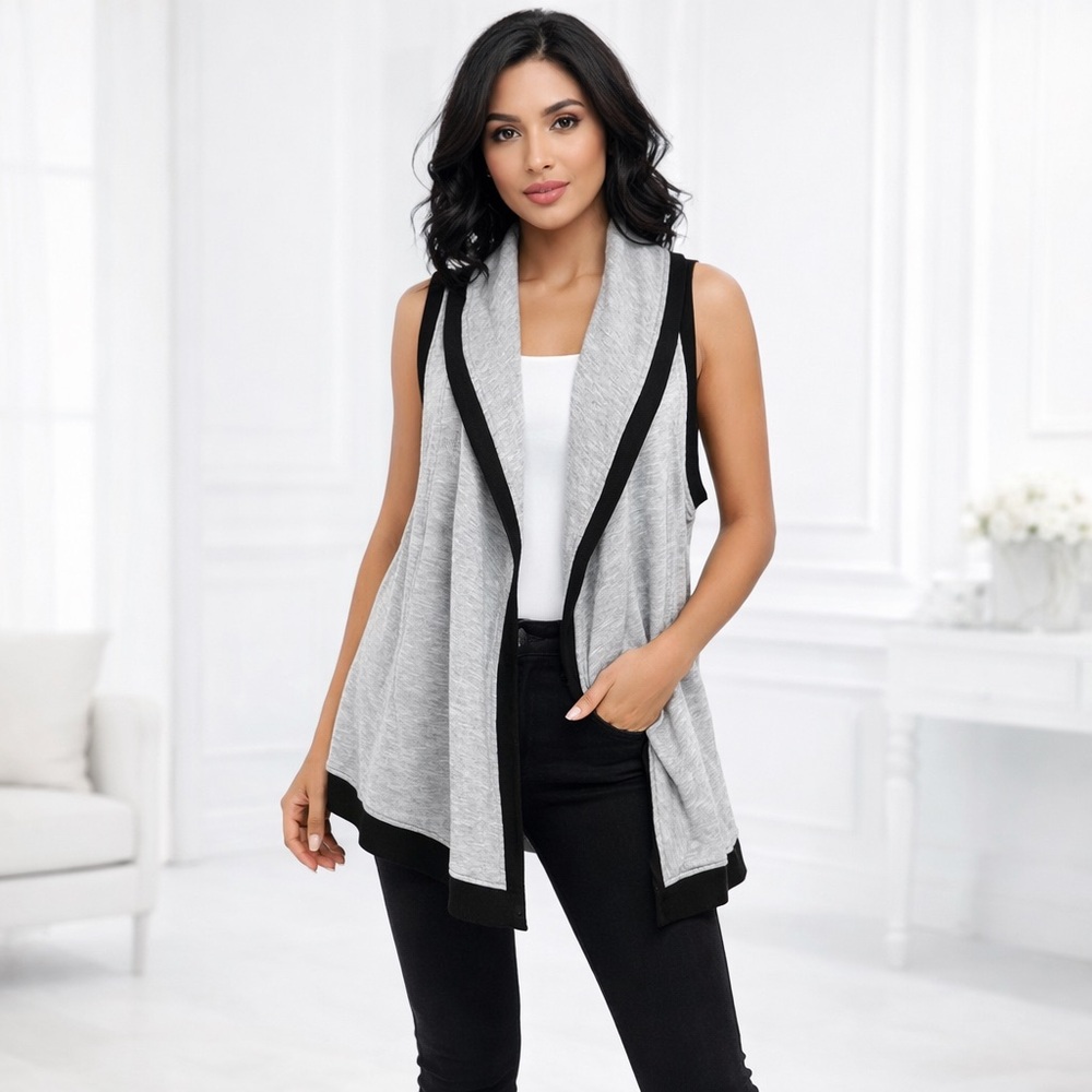 One World Gray Open Front Sleeveless Cardigan Vest Size M